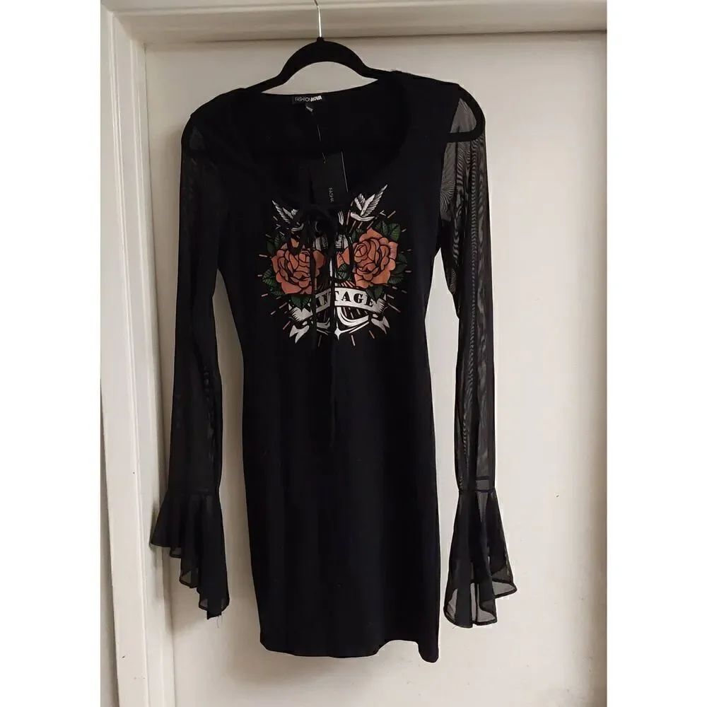 NWT~Fashion Nova Black & Floral Vintage Design Bodycon Mini Dress Sz Large